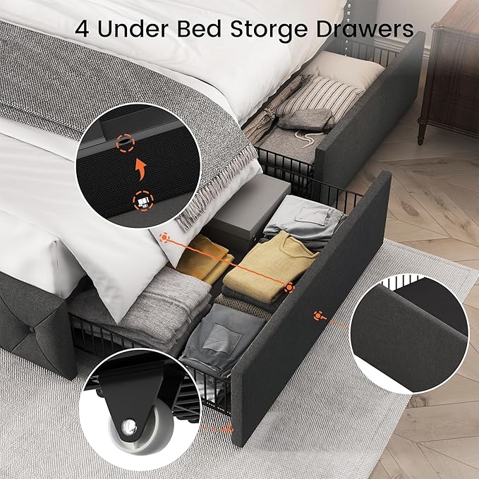 LARMACE Full Size Bed Frame with 4 Storage Drawers and 47.2" Tall Wingback Headboard Linen Upholstered Platform Bed Frame Tufted Beds with Wooden Slats Support, Easy Assembly, Dark Grey
