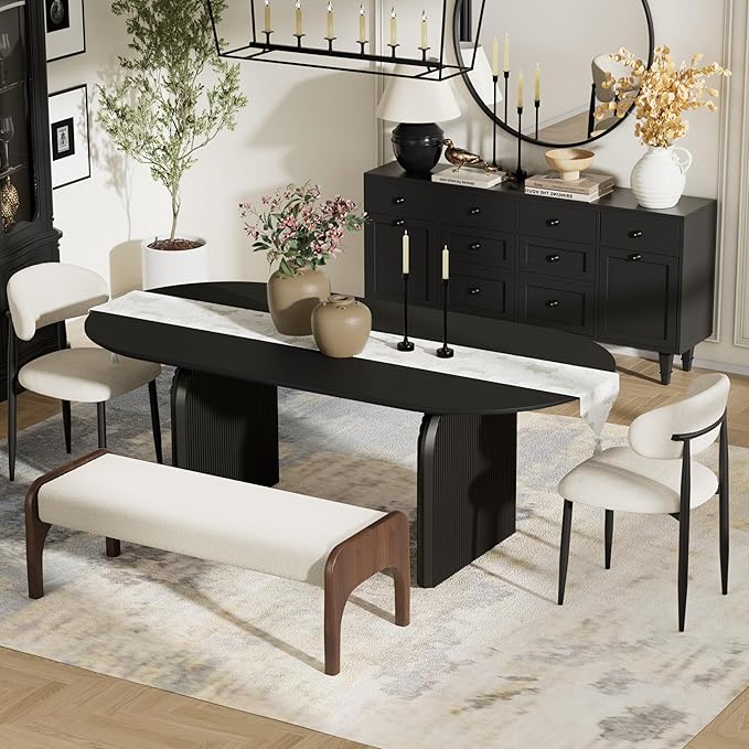 4-Piece Mid-Century Modern Dining Table Set, 63" Black Rectangular Table with 2 Dining Chairs & Bench, Dining & Kitchen Room Set for 4, Space-Saving Rustic Dining Set, Beige
