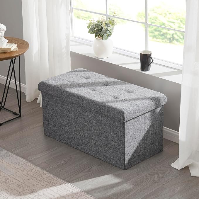 Ornavo Home Folding Storage Ottoman, 30 Inch Large Storage Bench with Lid, Foot Rest Stool for Bedroom, Living Room, Entryway, Tufted Linen Upholstered - Gray