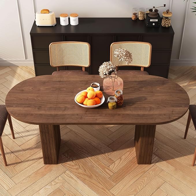 70.8 Inch Oval Dining Table for 4-6 People, Kitchen Table with Wood Strip Base, Modern Farmhouse Round Dining Room Tables for Kitchen Living Room (Walnut)
