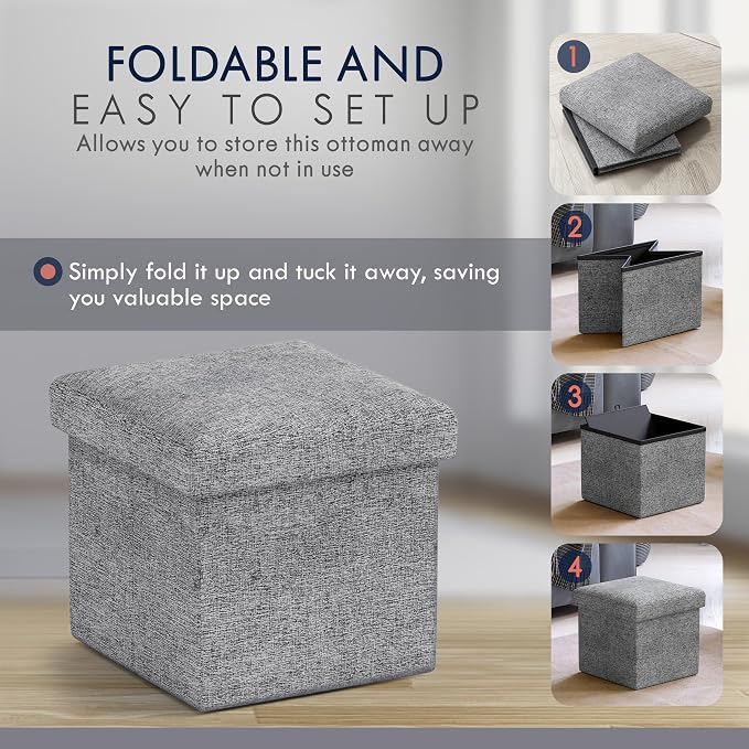 Ornavo Home Small Storage Ottoman, Set of 2 Foldable Collapsible Cube Square Linen Ottoman Foot Rest Stool Seat, for Living Room, Bedroom, Home Office, Dorm - 12 x 12 x 12, Gray