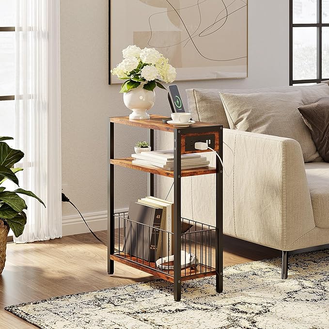 TRIFEBLE Narrow Side Table with Charging Station, Small End Table for Small Spaces, Slim Nightstand with Storage Basket, 3 Tier Skinny Bedside Table for Living Room, Bedroom, Rustic Brown