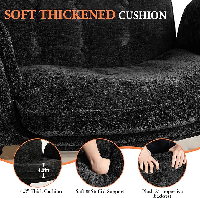 Criss Cross Chair with Lumbar Airbag & Folding Arms Relieve Back Pain, Wide Cross Legged Office Chair for Home Office, Comfy Swivel Desk Chair with Wheels, 5 Level Adjustable Armrest, Chenille(Black)