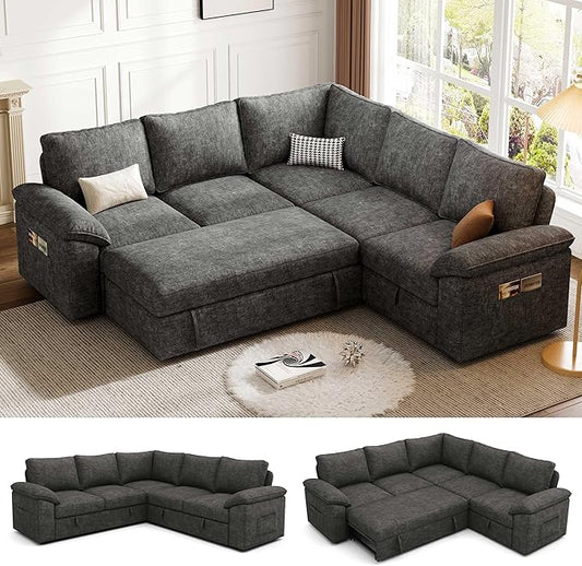 85 Inch Modular Sectional Sofa with Pull Out Bed,L Shaped 5 Seat Sectional Sleeper Sofa with Storage,Sectional Couches for Living Room,Cloud Modular Couch,Removable Sofa Cover, Dark Grey