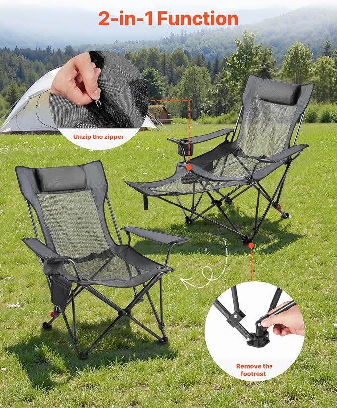 VEVOR 2-in-1 Reclining Camping Chair with Footrest for Adults, 4 Adjustable Positions, Portable Folding Lounger, Lightweight Mesh Beach Chair Supports 220lbs, Heavy Duty Camp Chairs Outdoor, Gray