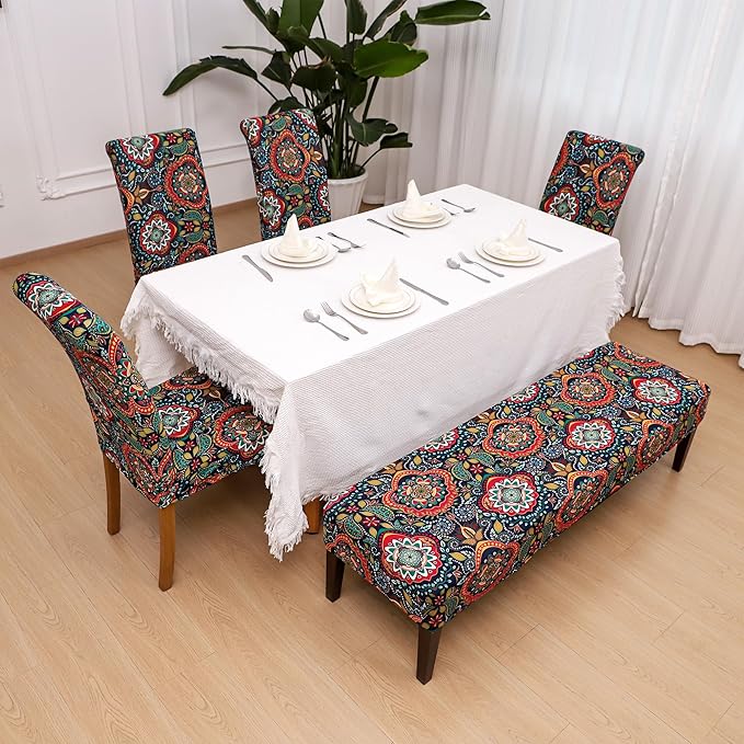 FORCHEER Boho Dining Room Chair Covers Set of 4 with 1 PC Bench Cover Stretchy Slipcovers for 4 Dining Parson Chairs and Bench Removable Washable（Printed Boho-MT）
