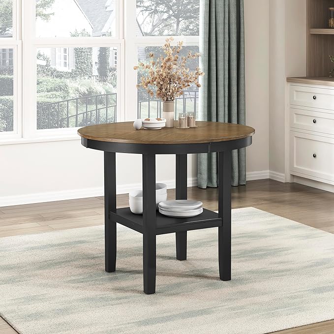 Lexicon 5 Piece Counter Height Dining Set for 4 - Acacia Veneer Wood Table Round with Storage Shelf and Cross Back Chairs, Dining Room Small Kitchen Table Set for 4, Two-Tone Finish (Brown and Black)