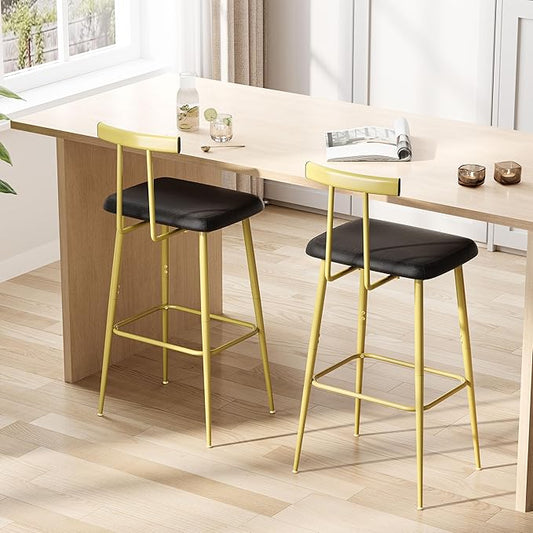 Bar Stools Set of 2, Tall Bar Stools with Backrest and Footrest, Counter Height Bar Chairs, Industrial Barstools with PU Leather Cushion, for Kitchen, Dining Room, Bar, Cafe (Gold) KBS515GC