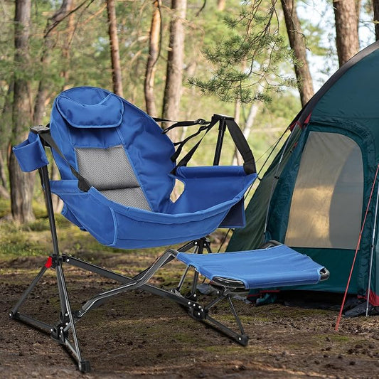 Ainfox Hammock Camping Chair with Footrest, Oversized Folding Swinging Chair for Adults, Rocking Portable Camp with Cup Holder Pillow for Outdoor Patio Lawn Poolside (Cobalt Blue)