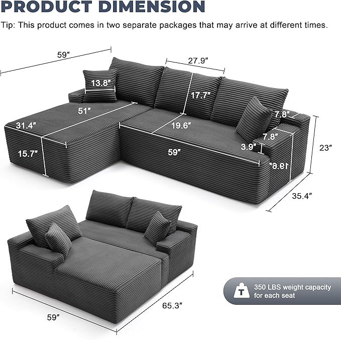 Mangodan Cloud Sectional Couch, Boneless Sofa for Living Room, Fluffy Comfy Couch with Deep Seat, Modular Sectional Sofa with L-Shaped Chaise, No Assembly Required, Dark Grey