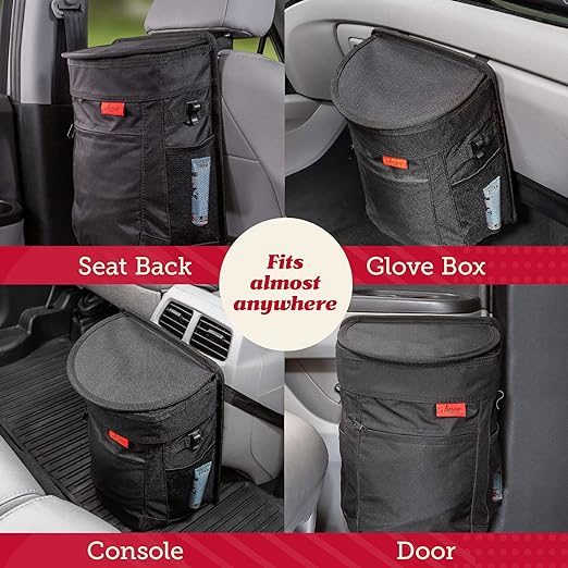 Lusso Gear Spill-Proof Car Trash Can - Leak-Proof Lid & Removable Liner for Car Bin - Travel Organizer with Mesh Pockets - 2.5 Gal, Black w Red Stitching
