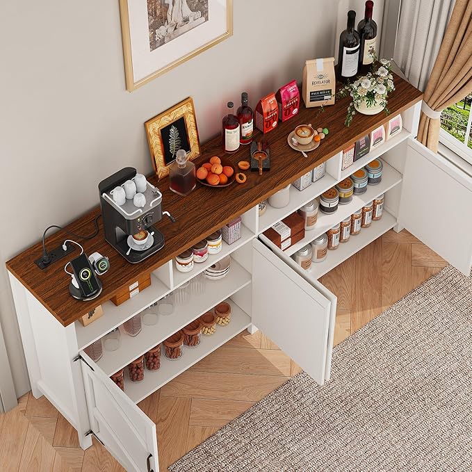 knoworld 63'' Buffet Sideboard with Storage with Power Outlets & LED Light 4 Doors, Large Farmhouse Kitchen Storage Cabinet Wood Coffee Bar Cabinet Buffet Table for Kitchen, Dining Room, Entryway