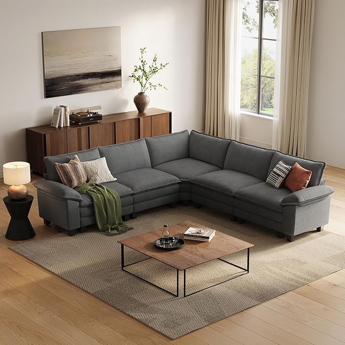 LINSY HOME Modular Sectional Sofa, 5-Seat Corduroy Modern Cloud Couch with Deep Seat, Perfect for Living Room, Office, Bedroom, Grey