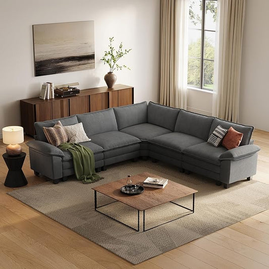 LINSY HOME Modular Sectional Sofa, 5-Seat Corduroy Modern Cloud Couch with Deep Seat, Perfect for Living Room, Office, Bedroom, Grey