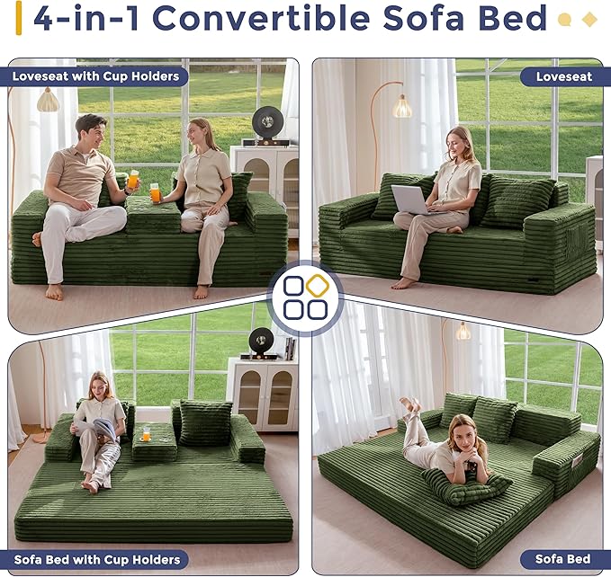 MAXYOYO Loveseat Sofa Bed, Striped Faux Fur Foldable Floor Sofa Couch in A Box, 4 in 1 Convertible Boneless Couch with 2 Cup Holders, Folding Recliner Sleeper Chair, No Assembly Required, Pine Green