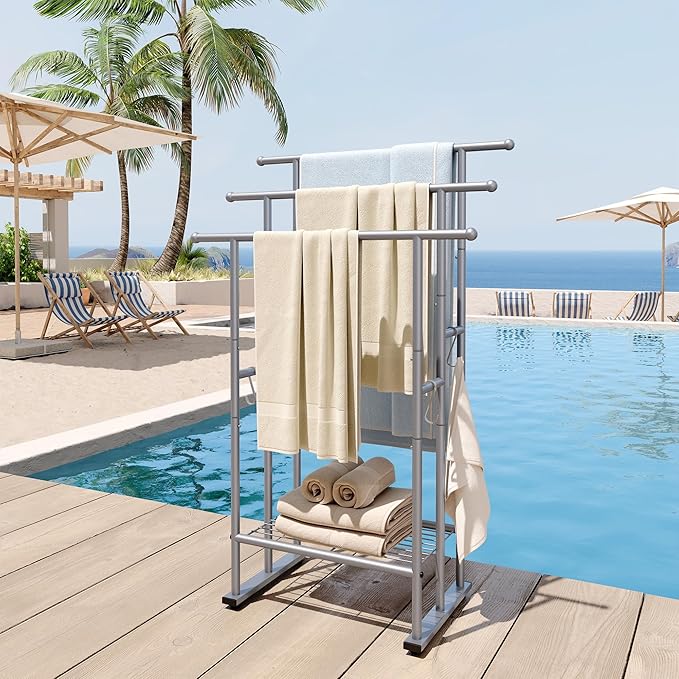 ELYKEN 3 Tier Standing Towel Rack, 40'' Tall Towel Drying Rack Outdoor, Freestanding Floor Towel Rack with Shelf, Pool Towel Blanket Stand, Metal Towel Racks for Bathroom freestanding, Smooth Silver