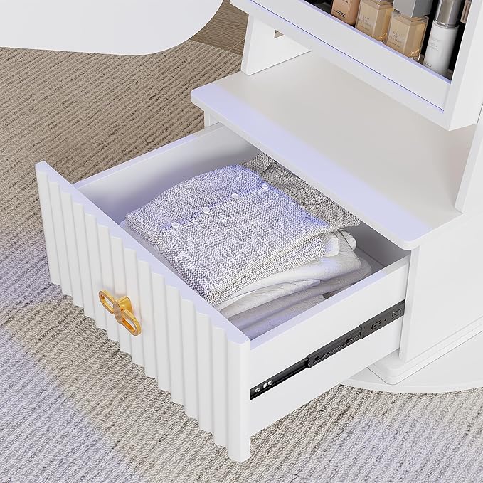 360° Swivel Jewelry Cabinet with Lights - RGB Vanity Mirror | Rotatable Full Length Mirror with Jewelry Storage, Standing Jewelry Armoire Organizer, Foldable Makeup Shelf, White (White)