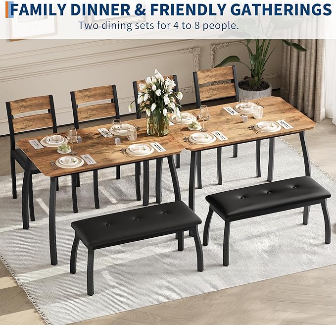 IDEALHOUSE 43'' Dining Table Set for 4, Wooden Kitchen Table with Upholstered Bench & 2 Cushion Chairs, Industrial Dinette Set for Studio, Kitchen, Dining Room, Apartment, Retro