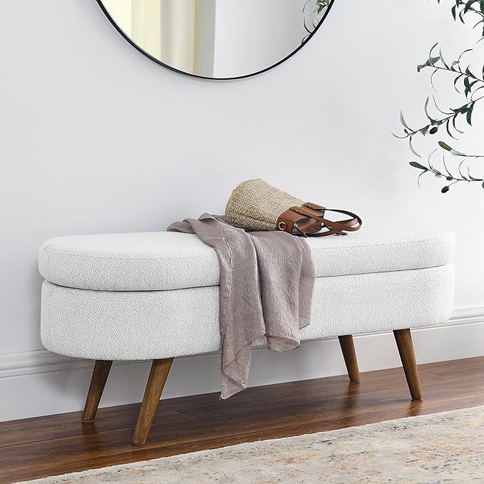 43.5" Ottoman with Storage, Storage Ottoman Bench with Safety Hinge, Linen End of Bed Bench, Upholstered Entryway Bench for Bedroom, Living Room & Window, Holds up to 330 lb, White