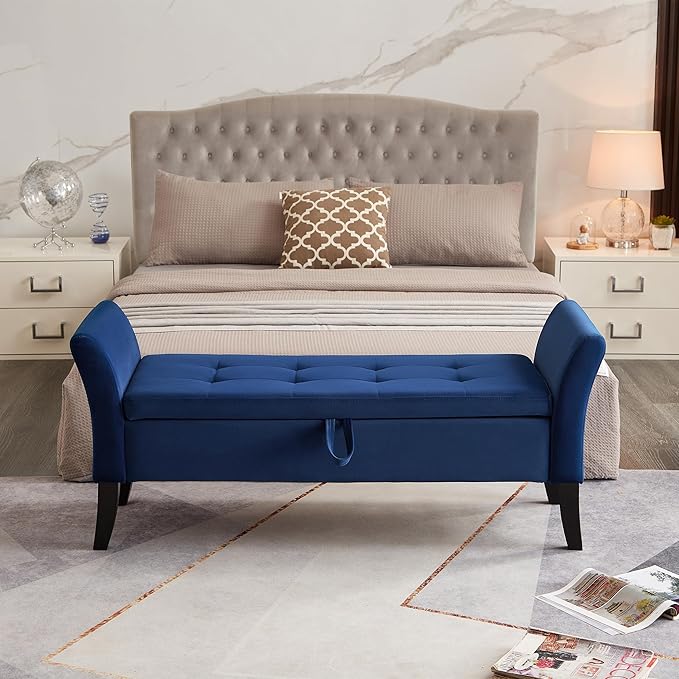 Furniliving Storage Ottoman Bench, Velvet Benches End of Bed Bench with Solid Wood Legs Upholstered Ottoman with Storage Indoor Bench for Living Room with Rolled Arm, Entryway, NavyBlue
