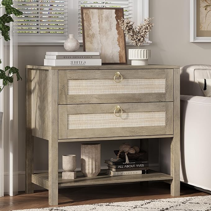 Xixini Nightstand Set of 2, Rattan Boho Bedside Table with 2 Drawers, Open Shelf & Brass Knobs, Small Mid Century Modern Night Stand, Wooden End Side Table for Bedroom, Living Room, Closet, Grey