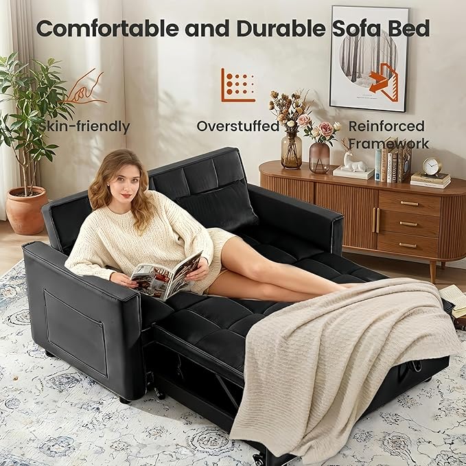 3 in 1 Convertible Sleeper Sofa Bed, Velvet Fabric Loveseat Sofa Bed with Adjustable Backrest & Large Side Pockets, Pull Out Couch for Small Spaces, Apartment, Living Room, Black