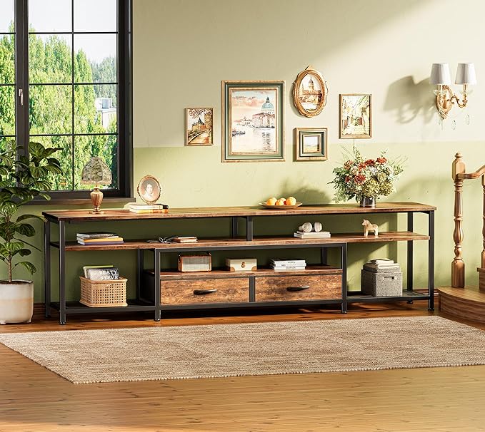 Huuger TV Stand for 75 80 Inch TV, Entertainment Center with Power Outlets and LED Lights, 70.9 Inch TV Console for Living Room, Media Console with Drawers and Shelves, Rustic Brown