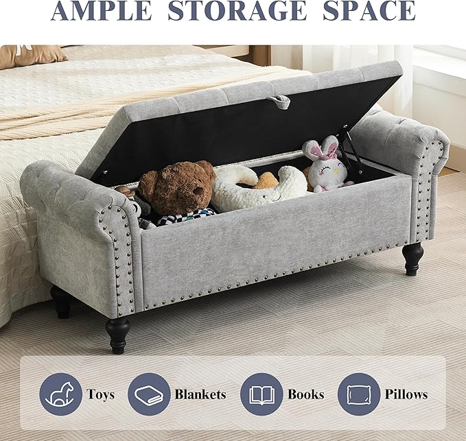 51" Storage Ottoman Bench, End of Bed Bench for Bedroom, Window Benches for Foot of Bed, Chenille Upholstered Benches, Storage Ottomans for Living Room, Entryway, Light Gray