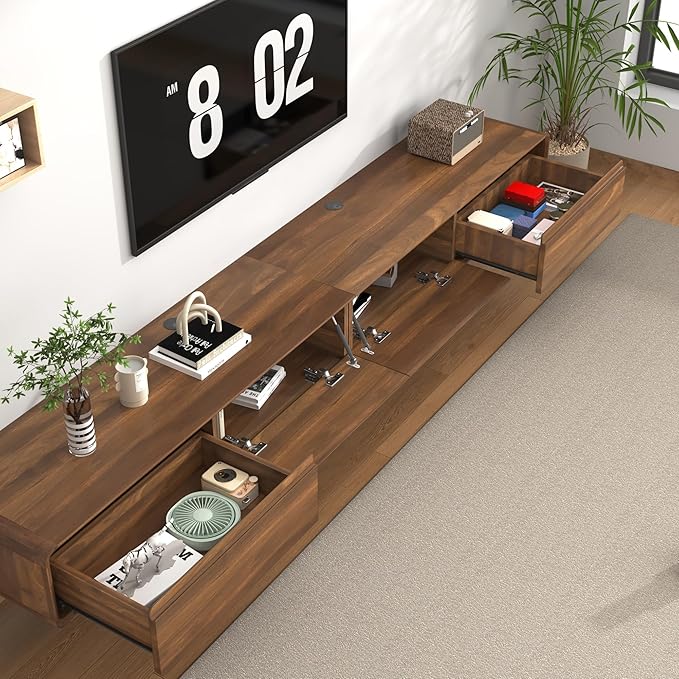 chartustriable 94.5" Minimalist Floating TV Stand for TVs up to 100 Inches, Modern Wall Mounted Media Console with 2 Drawers, Entertainment Center for Living Room, Brown