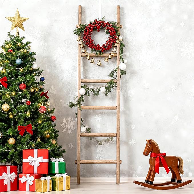 Wooden Blanket Ladder - Natural & Motley Wood - Leaning Wall Decor for Bedroom, Bathroom, Living Room - Rustic Quilt Holder & Towel Rack (Brown, 76in（6-Tier）)
