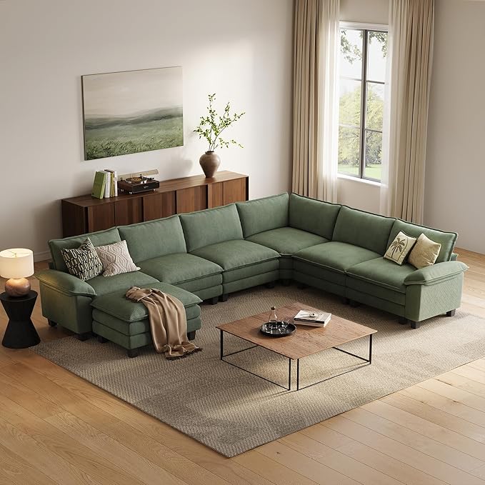 LINSY HOME Modular Sectional Sofa, 6-Seat Corduroy Modern Cloud Couch with Deep Seat & 1 Movable Ottoman, Perfect for Living Room, Office, Bedroom, Green