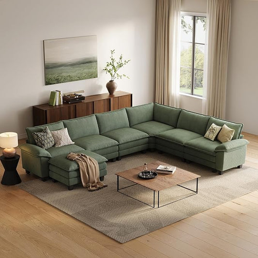 LINSY HOME Modular Sectional Sofa, 6-Seat Corduroy Modern Cloud Couch with Deep Seat & 1 Movable Ottoman, Perfect for Living Room, Office, Bedroom, Green