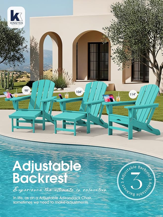 KINGYES Adjustable Folding Adirondack Chair with Footrest & 4-in-1 Multi-Functional Armrest Organizer, HDPE Foldable Recliner Adirondack Chair with Pull-Out Ottoman, Aruba