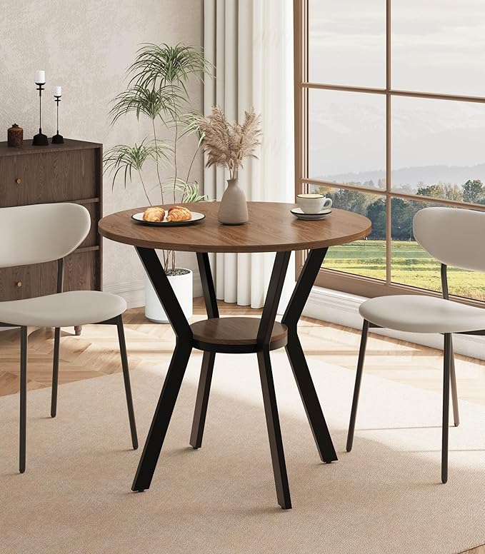 MECHYIN 31.5" Round Dining Table for 2-4, Farmhouse Small Kitchen Table with Storage, Space Saving Circle Table, Rustic Wood Dining Room Tables with Metal Legs for Kitchen, Dining Room, Apartment