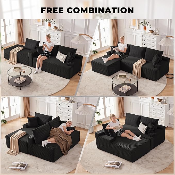 Mangodan Cloud Sectional Sofa, Boneless Couch for Living Room, Modular Sectional Sofa with Deep Seat, Fluffy Comfy Couch with L-Shaped Chaise, No Assembly Required, Black