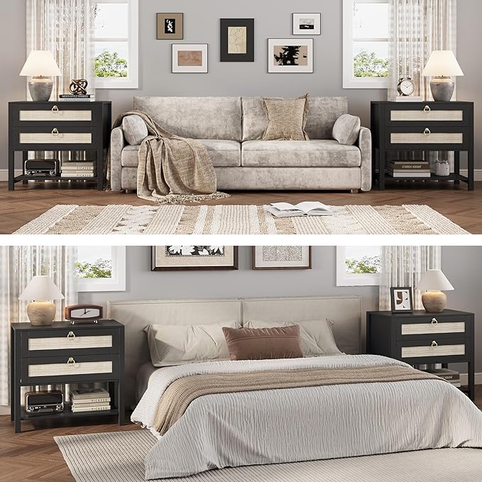 Xixini Nightstand Set of 2, Rattan Boho Bedside Table with 2 Drawers, Open Shelf & Brass Knobs, Small Mid Century Modern Night Stand, Wooden End Side Table for Bedroom, Living Room, Closet, Black