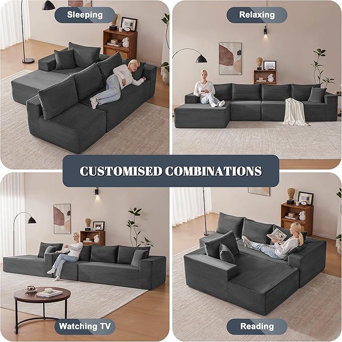 Mangodan 140” Cloud Sectional Couch, Modular Sectional Sofa with Deep Seat, Boneless Sofa for Living Room, Fluffy Comfy L-Shaped Couch with Left Facing Chaise, No Assembly Required, Grey
