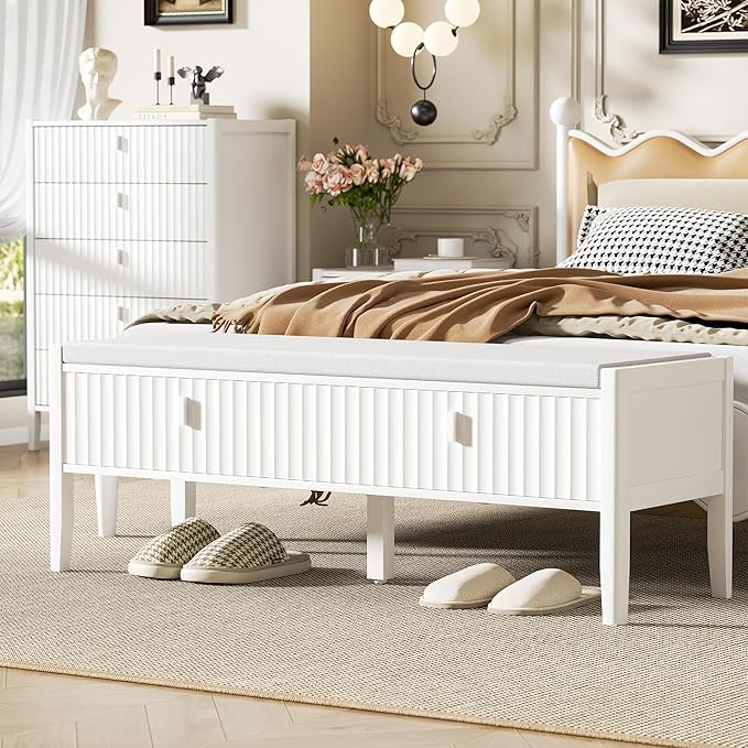 Furniway White Fluted Shoe Bench with 2 Drawers, Entryway Storage Bench with Thick Padded Cushion Seat, Open Bottom Shoe Storage Shelf for Hallway, Living Room, Bedroom, 47.2" W