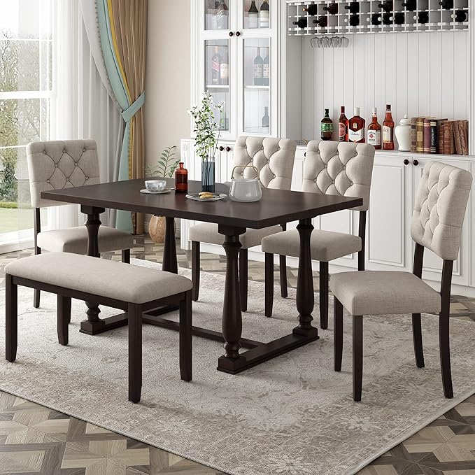 Harper & Bright Designs 6-Piece Dining Table and Chair Set with Special-Shaped Legs and Foam-Covered Seat Backs&Cushions for Dining Room (Espresso)