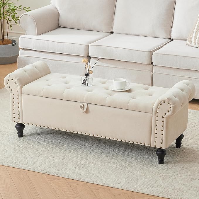 51" Storage Ottoman Bench, End of Bed Bench for Bedroom, Storage Ottomans for Foot of Bed, Chenille Upholstered Benches, Window Benches for Living Room, Entryway, Beige