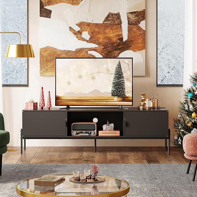 WLIVE 58" TV Stand for 65 Inch TVs, Mid Century Modern Entertainment Center with 2 Storage Cabinets & Open Shelf, Media Console Table with Metal Legs for Living Room, Bedroom, Black