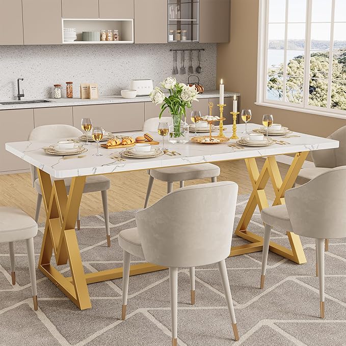 IRONCK 63" Dining Table for 4-6, Modern Rectangular Kitchen Table with Sturdy Metal Frame & Geometric Legs for Dining Room, Easy Clean-Faux Marble Color