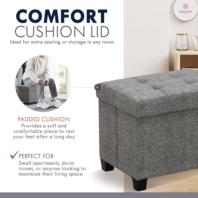 Ornavo Home Storage Ottoman Small Rectangle Ottoman with Legs, Foot Rest Stool Seat, Load up to 600 LB, for Living Room, Bedroom, Home Office, Dorm - 12 x 16 x 12, Dark Gray