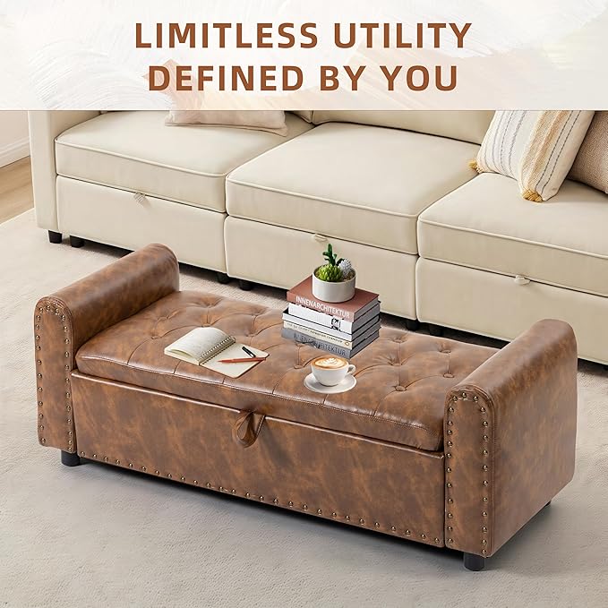 48" Ottoman with Storage, Tufted Storage Ottoman Bench, Convenient Living Room Fabrics Bench Seat, Entryway Shoe Benches with Inner Zipper & Arm, Upholstered Window Seat Ottomans with Rivets, Brown