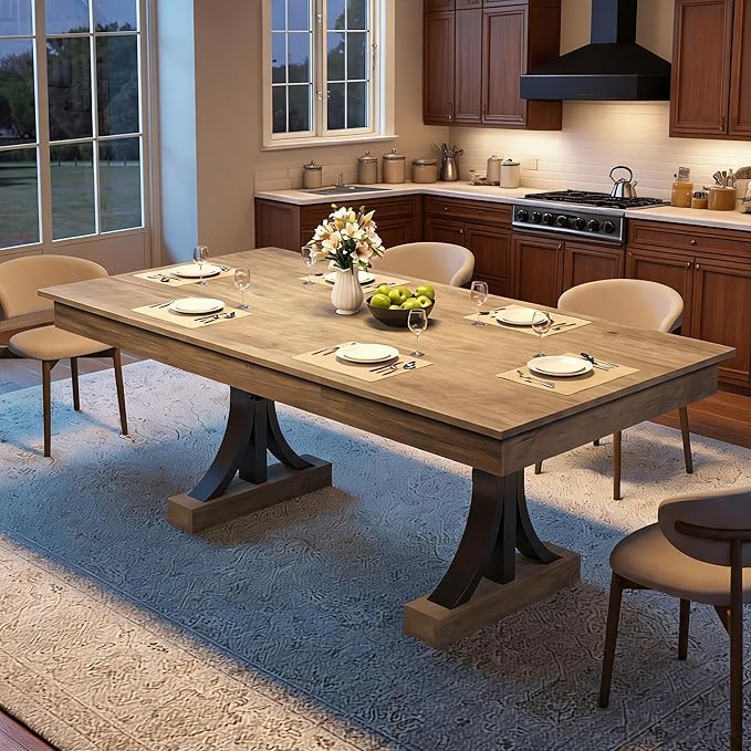 Garvee 71-Inch Dining Table with 2 Drawers,Rectangular Dining Table for 6-8 with Double Pedestal & Sturdy Frame, Industrial Wooden Kitchen Table with Large Tabletop, for Dinner, Rustic Gray
