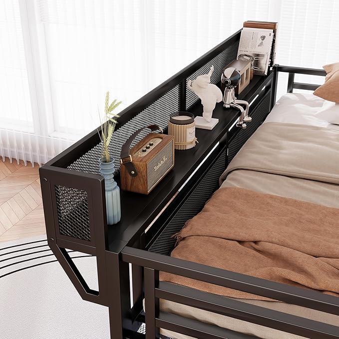 KEIKI Full Size Metal Loft Bed Frame with Grid & Staircase & Built-in Storage Shelves & Wardrobe, Modern Loft Bed with Solid Slat & Guardrail, No Box Spring Required, Easy Assembly, for Bedroom, Black
