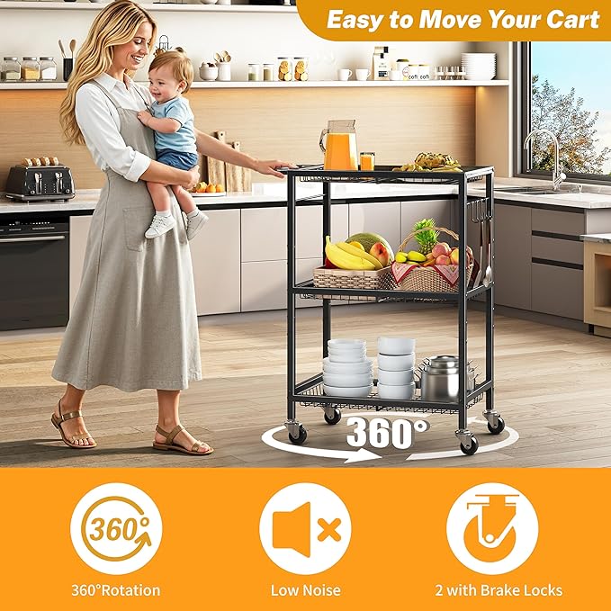 3-Tier Rolling Cart, Space-Saving Kitchen Cart with 150Lbs Capacity, Black Storage Cart with 2 Lockable Wheels for Kitchen Island, Restaurant, Garage, Backyard（No Wooden Boards, Lightweight Version）
