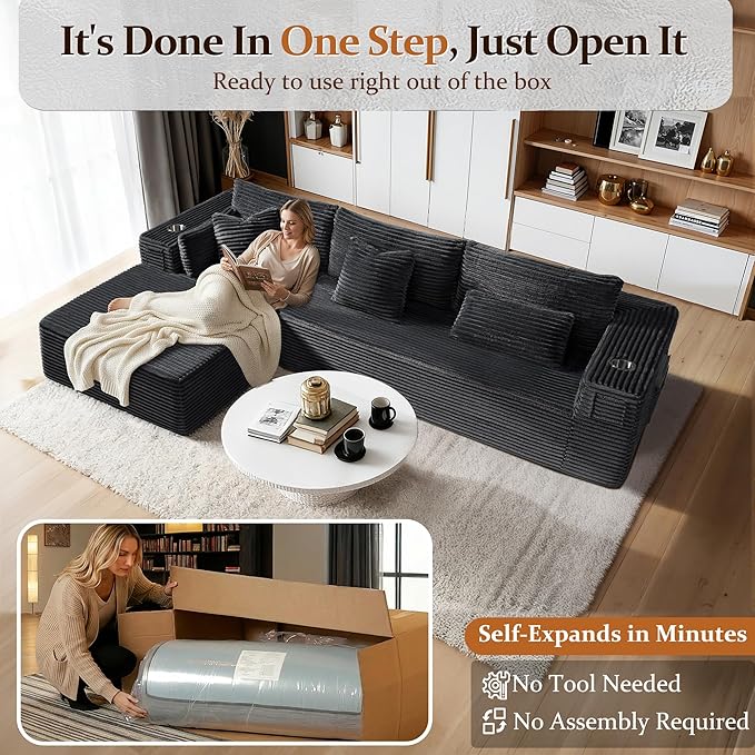 108" Oversized Cloud Sectional Couch, Comfort L Shaped Boneless Couch for Living Room, Extra Deep Seats No Assembly, Minimalist Modular Sofa, Corduroy (Dark Grey, 2 Seater+Left Facing Chaise)