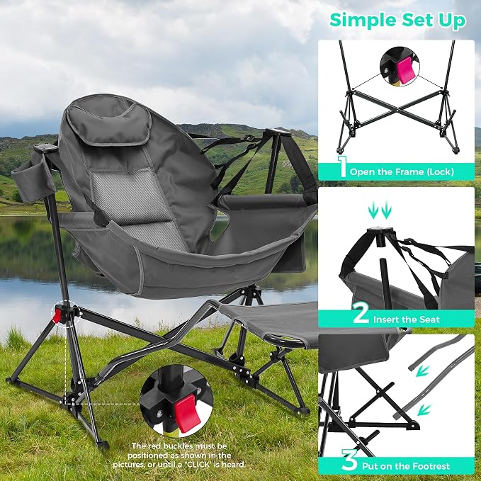 Ainfox Hammock Camping Chair with Footrest, Foldable Portable Rocking Chairs for Adults Outside Swinging Camp with Cup Holder Pillow for Outdoor Patio Poolside (Dark Grey)