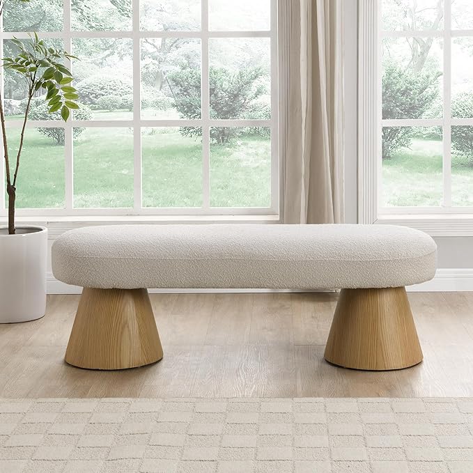Christopher Knight Home Manila 49" Oval Dining Bench, Boucle Ottoman Bench, Large Dining Chair, Comfort Kitchen Seating, Comfort Long Footstool for Living Room Dining Room, No Assembly Needed, Beige